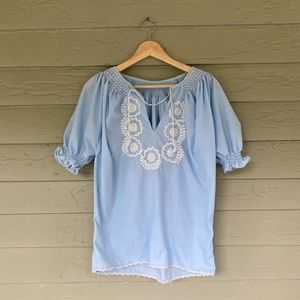Vintage baby blue embroidered peasant top